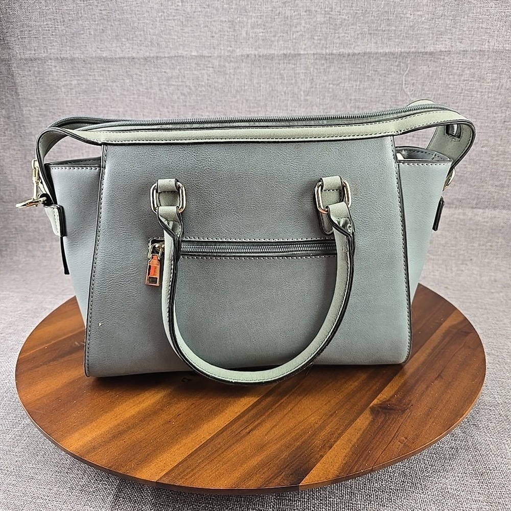 Blue Grey Laser Cut Faux Leather Satchel Handbag with Crossbody Strap Gold Tone - Picture 6 of 9